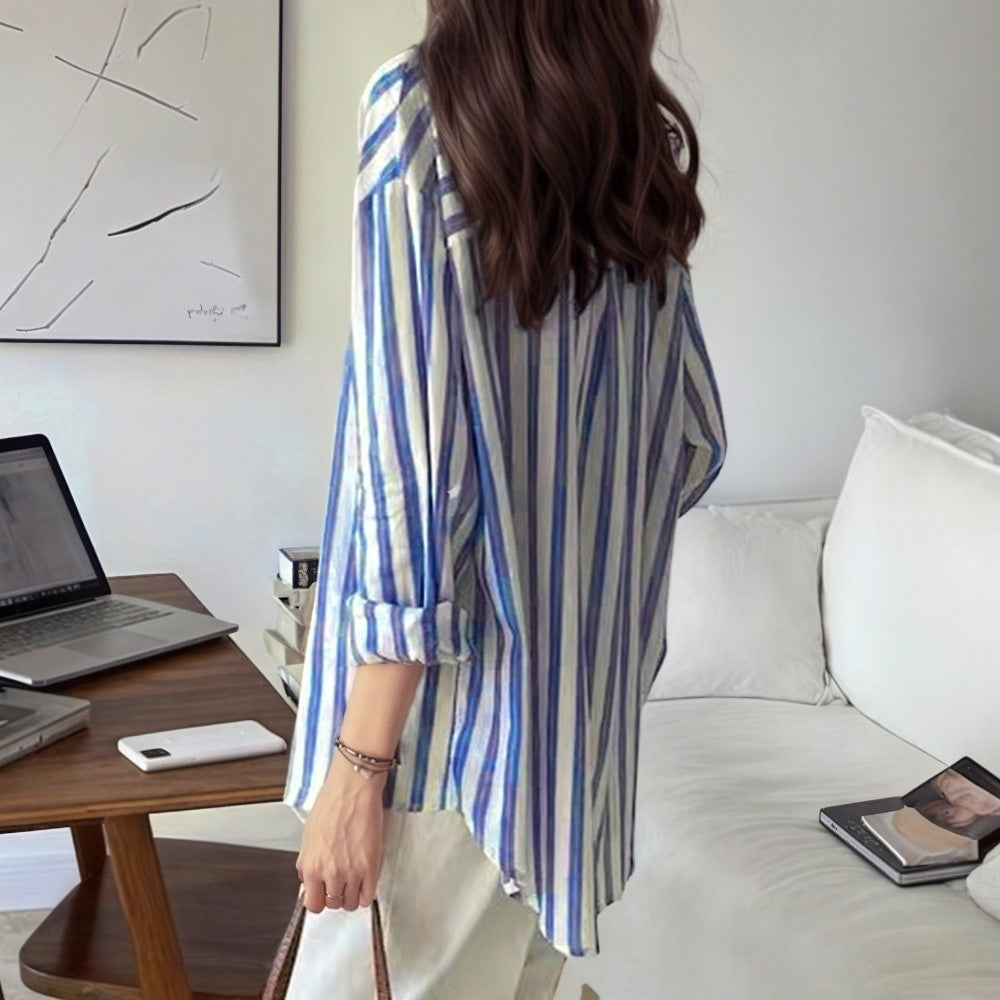 Casual Lapel Elegant Commute Long Sleeve Blue Striped Shirt Women