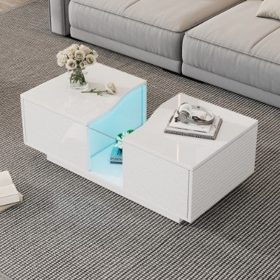 Led Coffee Table With 2 Drawer Storage, High Gloss Coffee Table For Living Room Unique Shape Centre Table With 16-Color Led Lights,End Table For Home Office Furniture, White