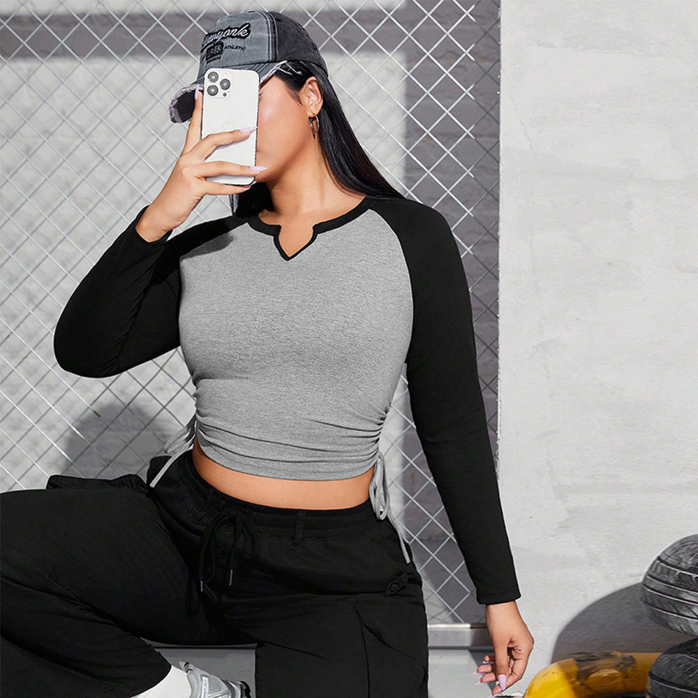 Women's Retro Design V-neck Long Sleeve Color Block Top