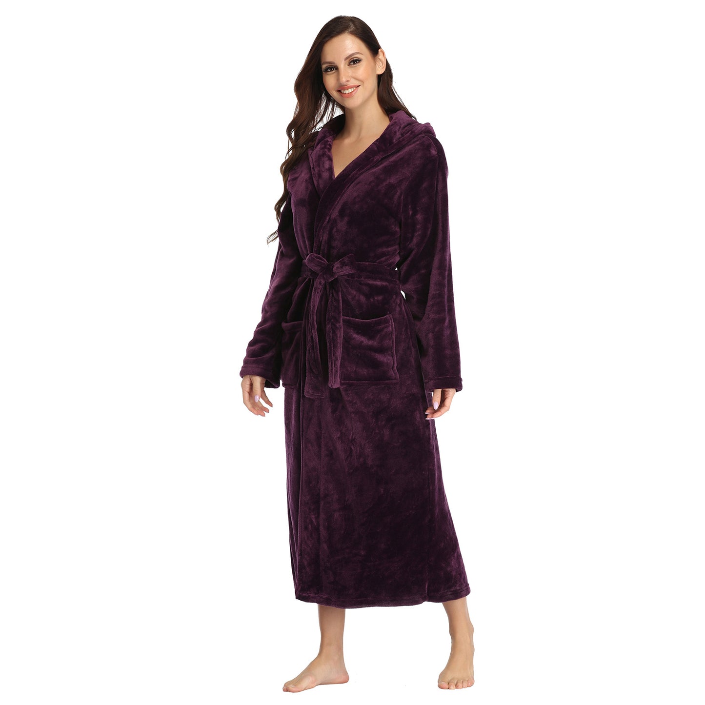RONGTAI Womens Long Robes Plush Fleece Nightgown Thick Hooded Bathrobe With Pockets Fluffy Sleepwear For Men
