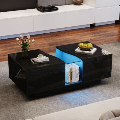 Led Coffee Table With 2 Drawer Storage, High Gloss Coffee Table For Living Room Unique Shape Centre Table With 16-Color Led Lights,End Table For Home Office Furniture, Black