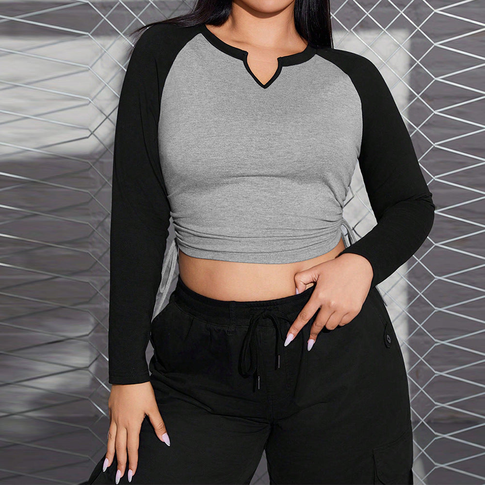 Women's Retro Design V-neck Long Sleeve Color Block Top