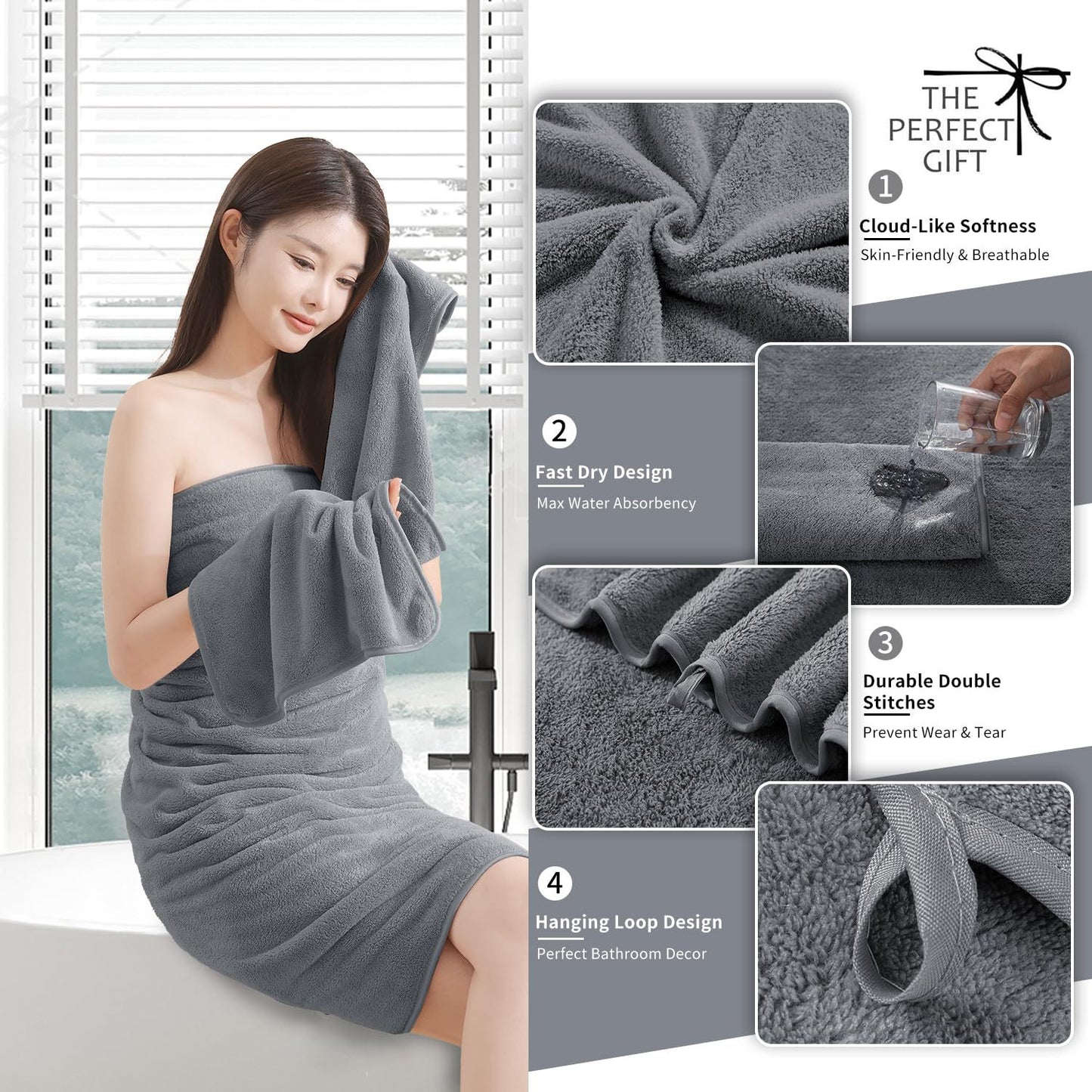 Coral Fleece Bath Towels Pack Of 3 Gray