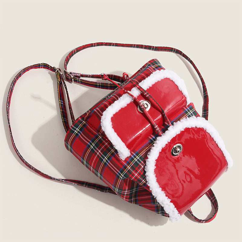 Trendy Lightweight Red Plaid Lamb Wool Commuting Handbag