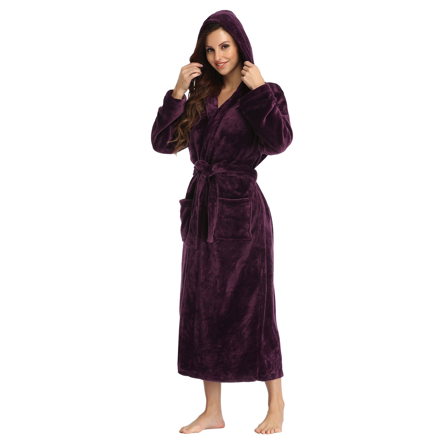 RONGTAI Womens Long Robes Plush Fleece Nightgown Thick Hooded Bathrobe With Pockets Fluffy Sleepwear For Men