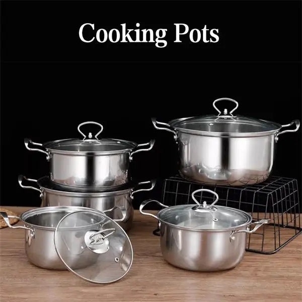 BIG 5PCS STAINLESS STEEL COOKWARE HOB STOCKPOT POT CASSEROLE SET WITH GLASS LIDS