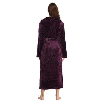 RONGTAI Womens Long Robes Plush Fleece Nightgown Thick Hooded Bathrobe With Pockets Fluffy Sleepwear For Men