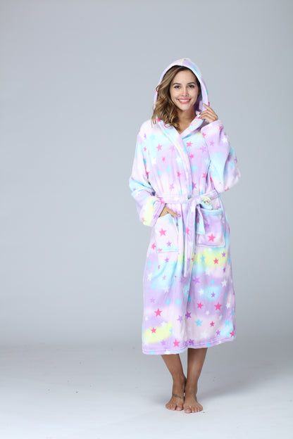 RONGTAI Womens Long Robes Plush Fleece Nightgown Thick Hooded Bathrobe With Pockets Fluffy Sleepwear For Men