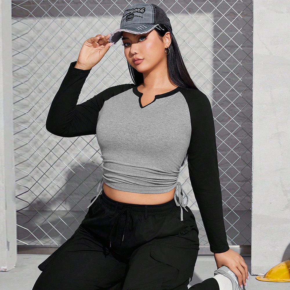 Women's Retro Design V-neck Long Sleeve Color Block Top