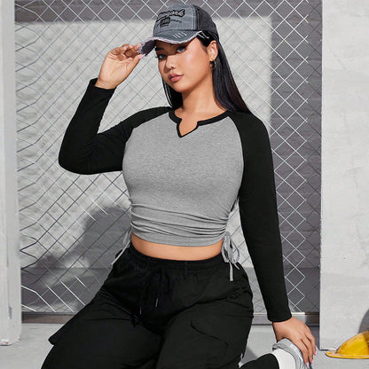 Women's Retro Design V-neck Long Sleeve Color Block Top