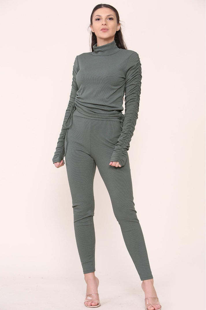 High Neck Ruched Side Arm Solid Drawstrings Ribbed Tee And Leggings Set