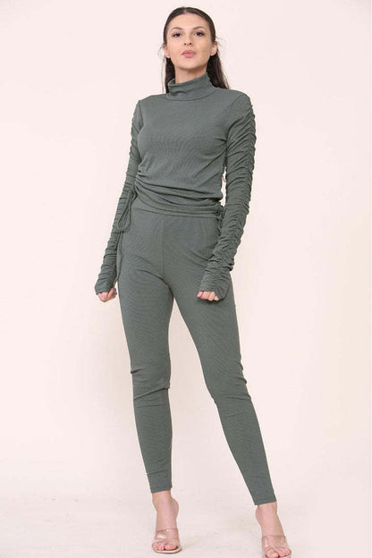 High Neck Ruched Side Arm Solid Drawstrings Ribbed Tee And Leggings Set