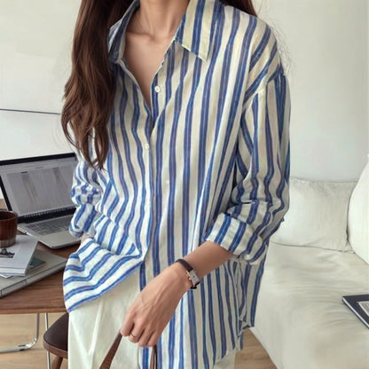 Casual Lapel Elegant Commute Long Sleeve Blue Striped Shirt Women