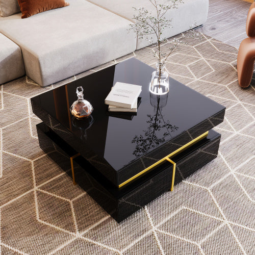 Coffee Table, High-Gloss Living Room Table, Side Table With Drawers And Gold Accents