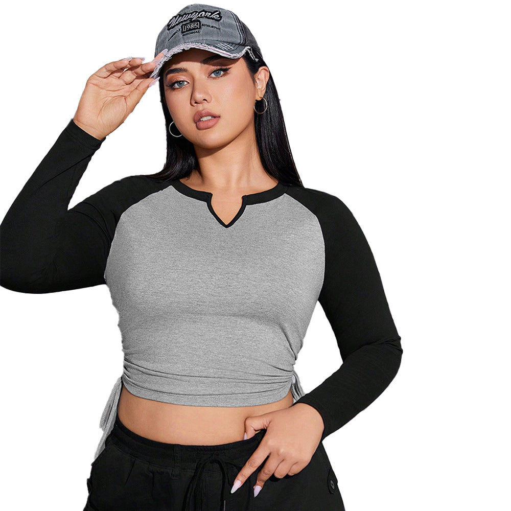 Women's Retro Design V-neck Long Sleeve Color Block Top