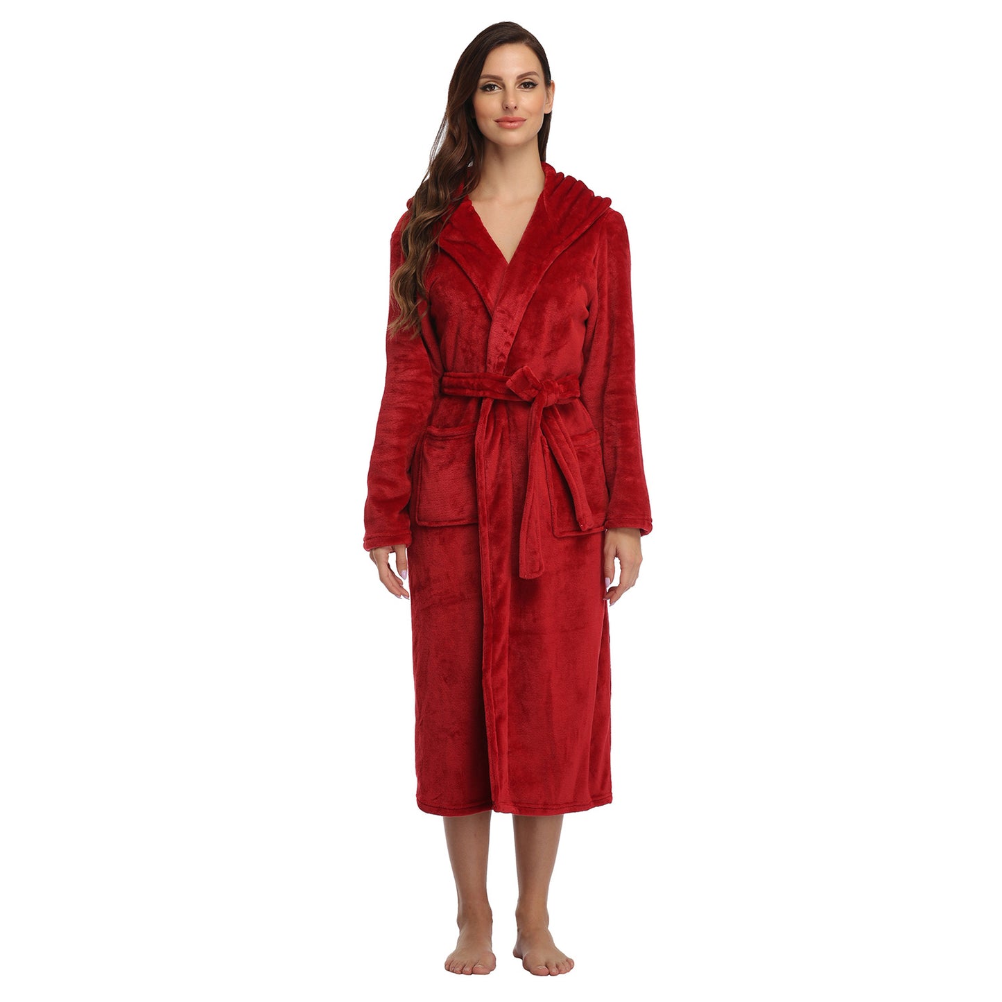 RONGTAI Womens Long Robes Plush Fleece Nightgown Thick Hooded Bathrobe With Pockets Fluffy Sleepwear For Men