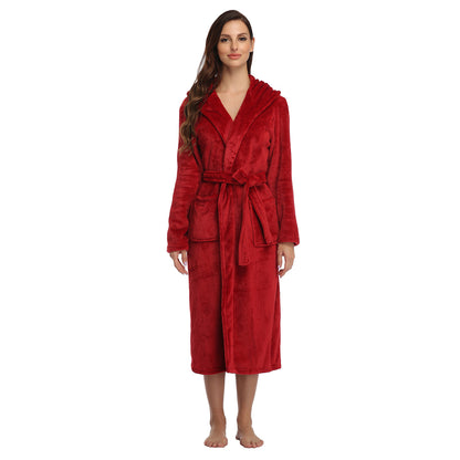 RONGTAI Womens Long Robes Plush Fleece Nightgown Thick Hooded Bathrobe With Pockets Fluffy Sleepwear For Men