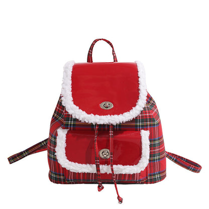 Trendy Lightweight Red Plaid Lamb Wool Commuting Handbag