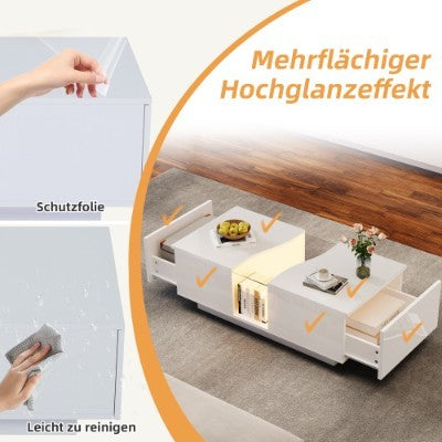 Led Coffee Table With 2 Drawer Storage, High Gloss Coffee Table For Living Room Unique Shape Centre Table With 16-Color Led Lights,End Table For Home Office Furniture, White