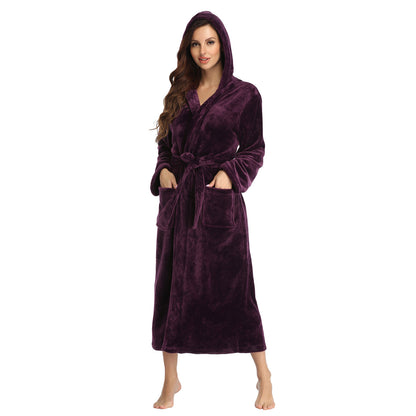 RONGTAI Womens Long Robes Plush Fleece Nightgown Thick Hooded Bathrobe With Pockets Fluffy Sleepwear For Men