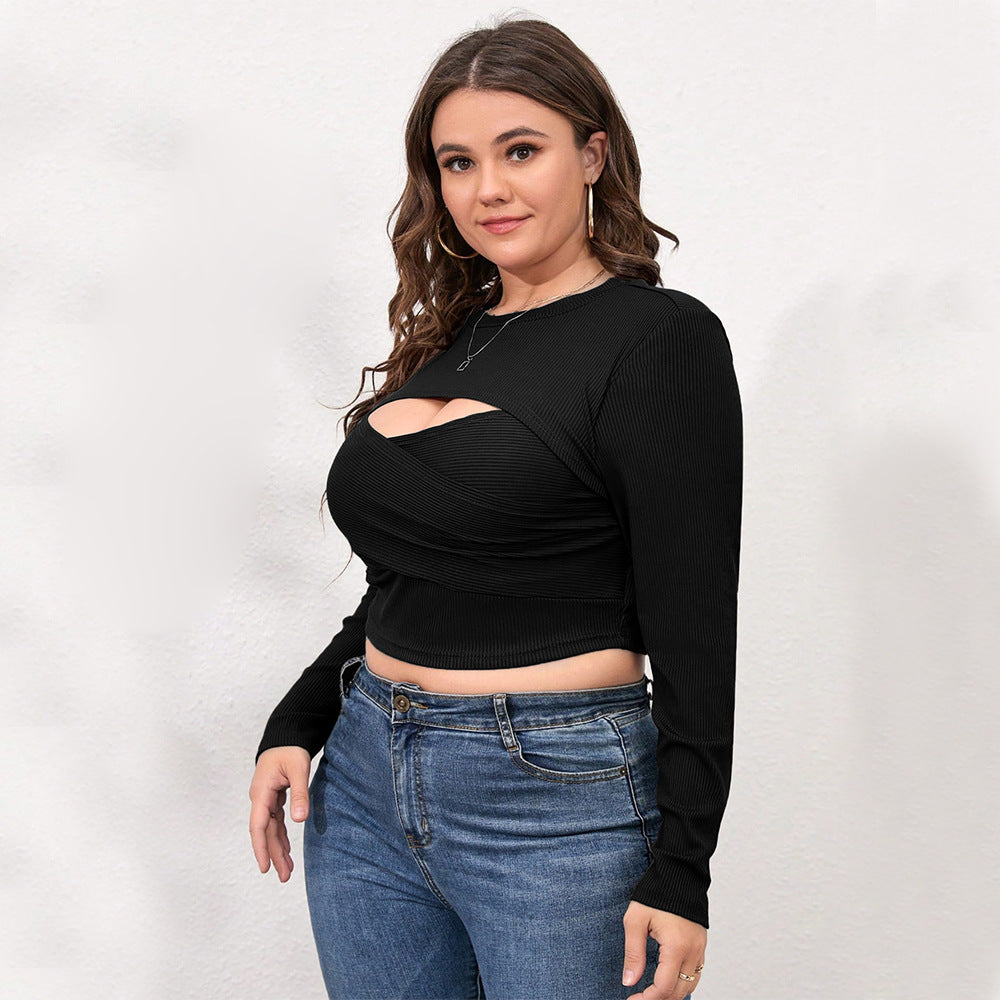 Women's Round Neck Hollow Out Slim Fit Short Long Sleeve Top
