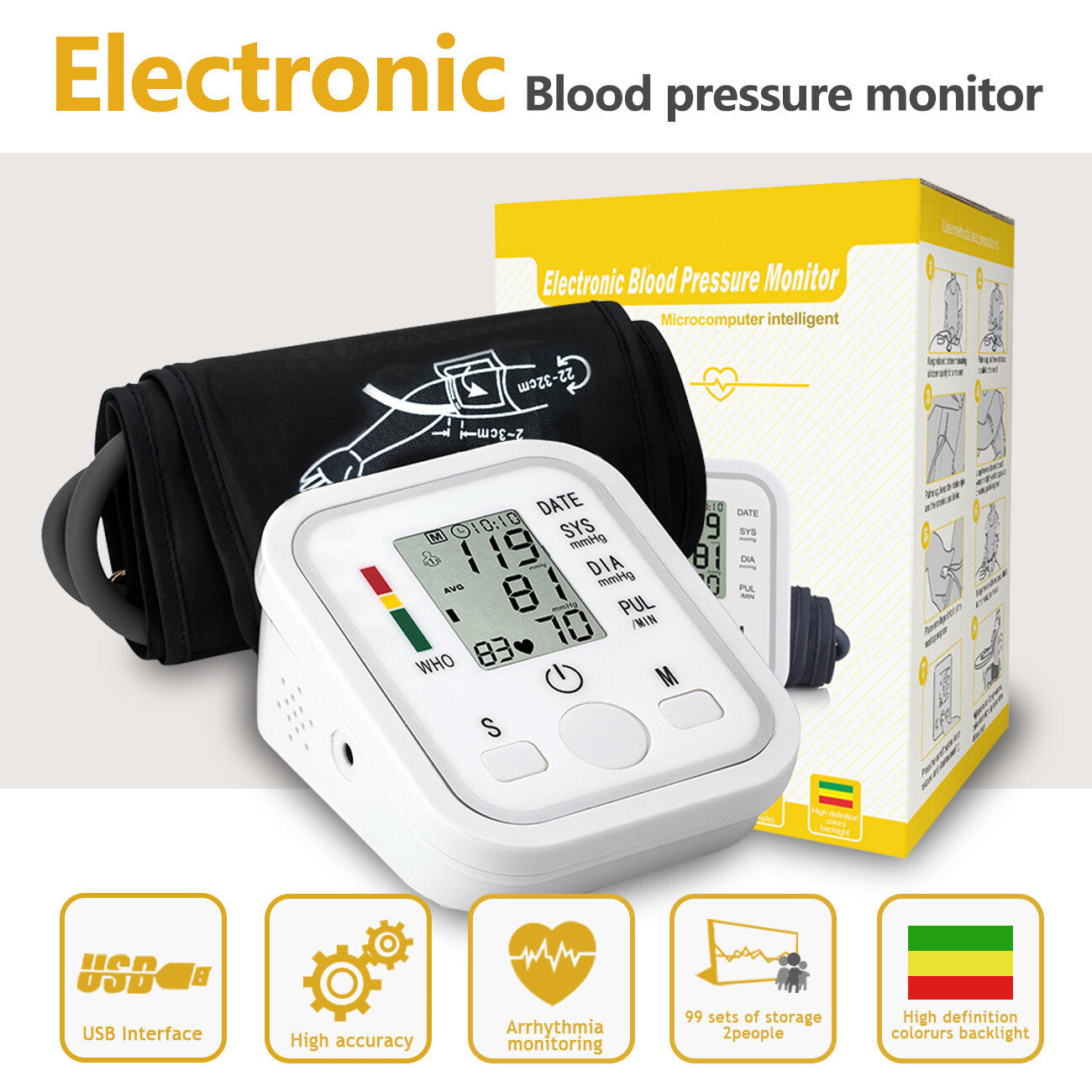 Automatic Upper Arm Blood Pressure Monitor Pulse Meter BP Machine Voice Talking
