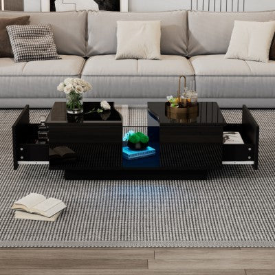 Led Coffee Table With 2 Drawer Storage, High Gloss Coffee Table For Living Room Unique Shape Centre Table With 16-Color Led Lights,End Table For Home Office Furniture, Black