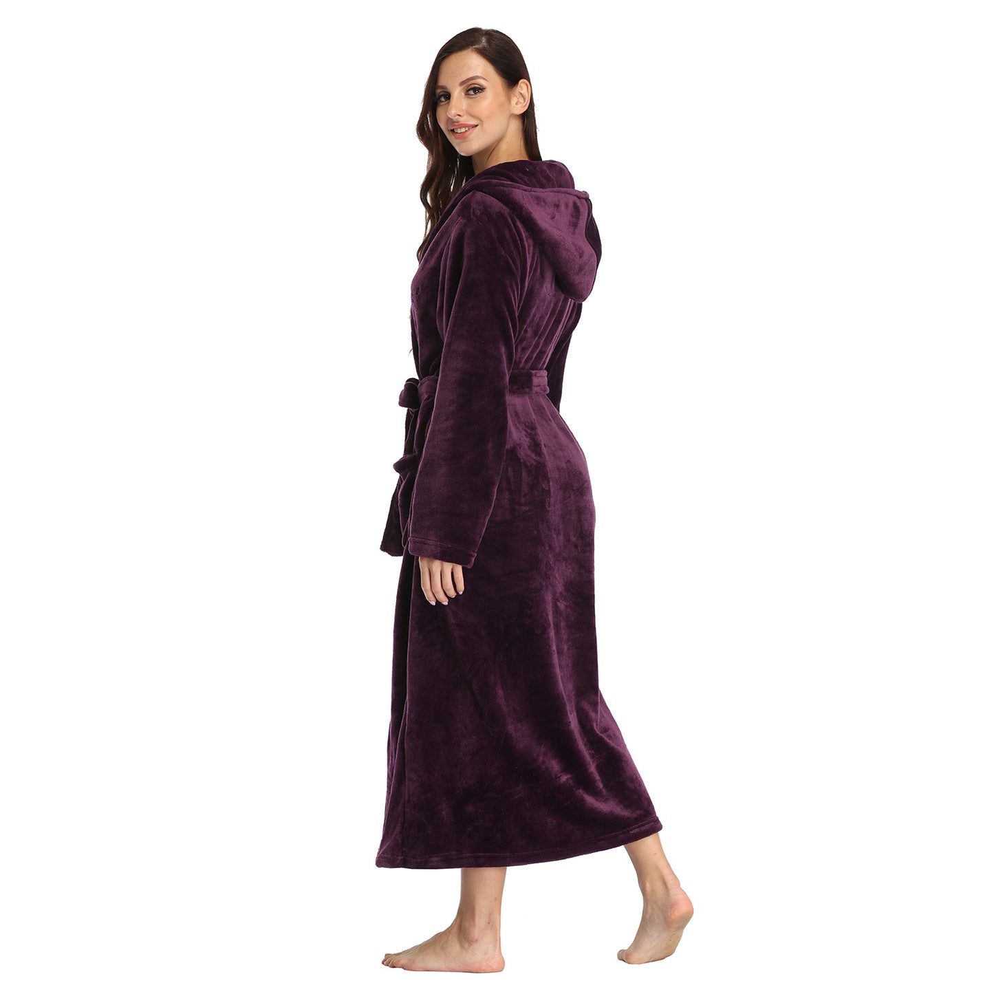 RONGTAI Womens Long Robes Plush Fleece Nightgown Thick Hooded Bathrobe With Pockets Fluffy Sleepwear For Men