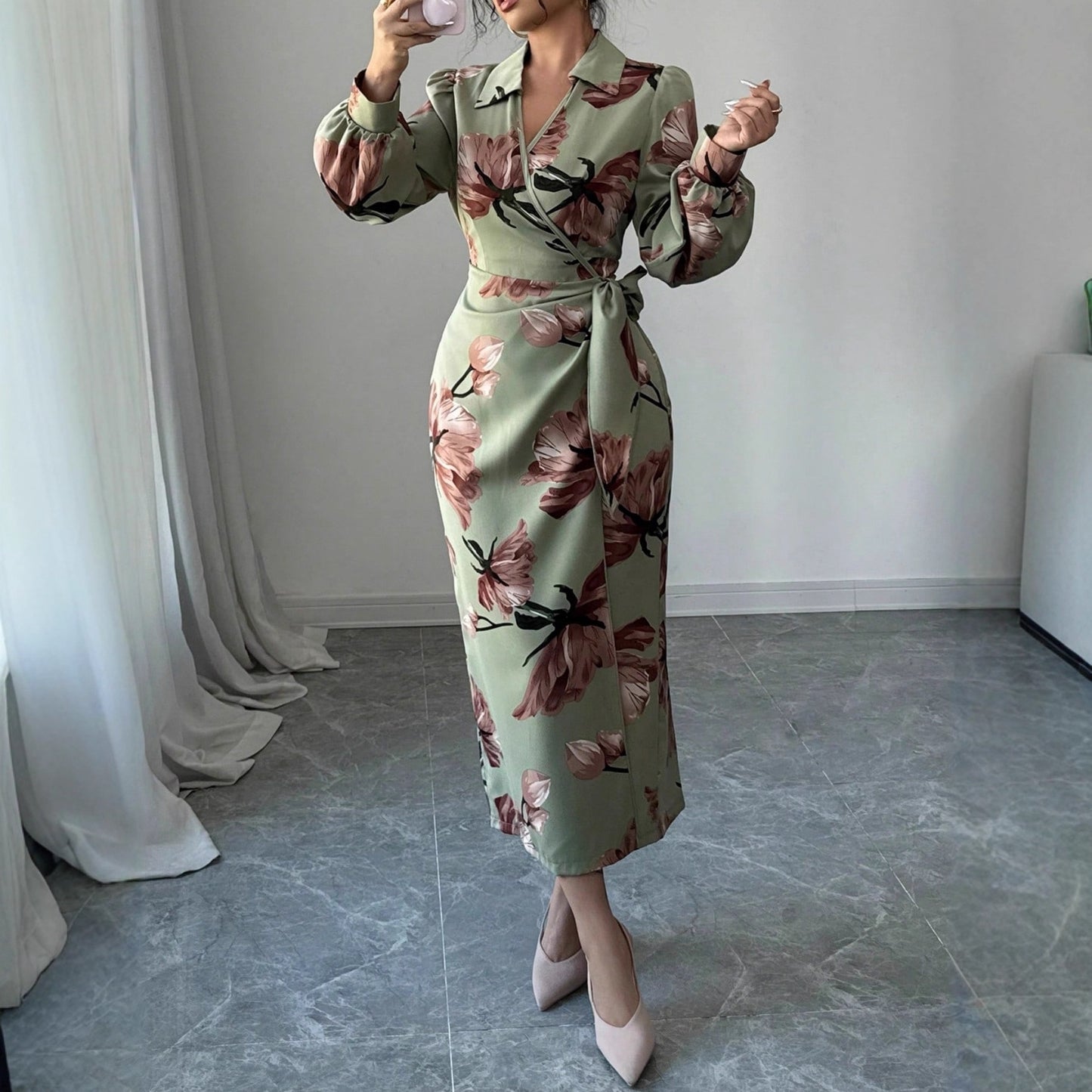 Long Sleeve Printed Tie Dress