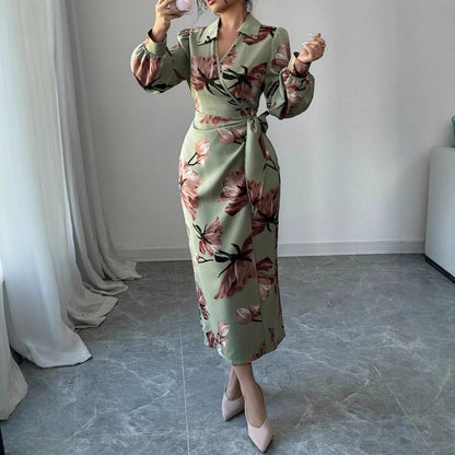 Long Sleeve Printed Tie Dress