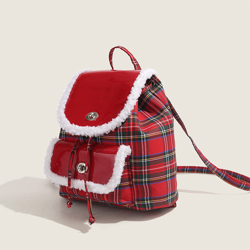 Trendy Lightweight Red Plaid Lamb Wool Commuting Handbag