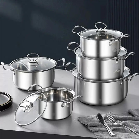 BIG 5PCS STAINLESS STEEL COOKWARE HOB STOCKPOT POT CASSEROLE SET WITH GLASS LIDS