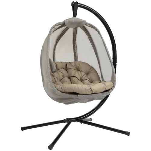 Outsunny Hanging Egg Chair, Folding Texteline Swing Hammock With Side Pocket, Cushion And Stand For Indoor Outdoor, Patio Garden Furniture, Khaki