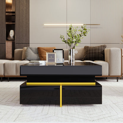 Coffee Table, High-Gloss Living Room Table, Side Table With Drawers And Gold Accents