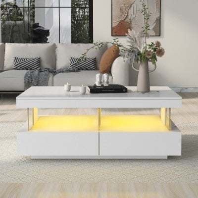 Coffee Table For Living Room, High Gloss Tea Table With 16-Color LED Lights, Coffee Table With 2 Drawers And Open Storage Space, End Table For Home Office Furniture, White