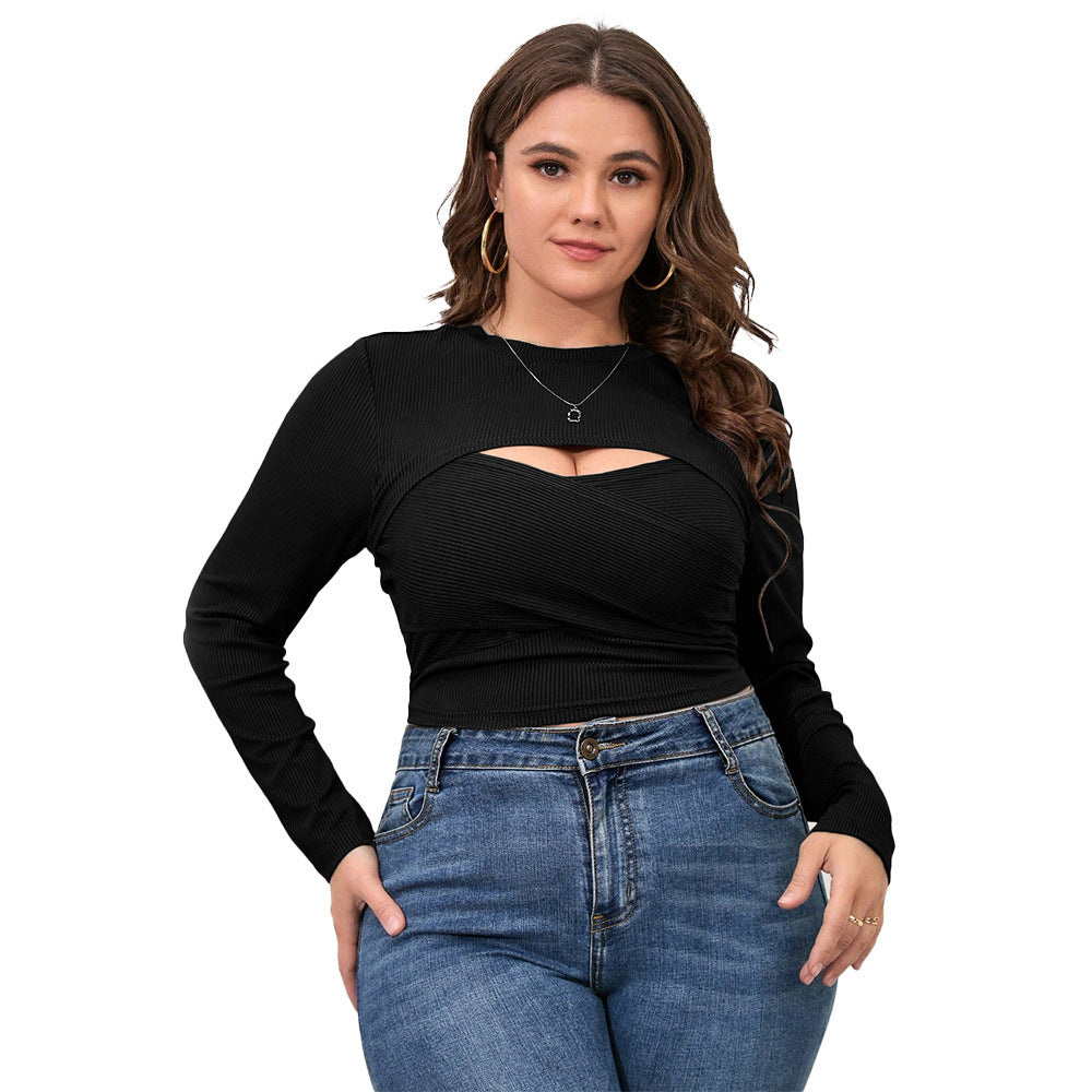 Women's Round Neck Hollow Out Slim Fit Short Long Sleeve Top