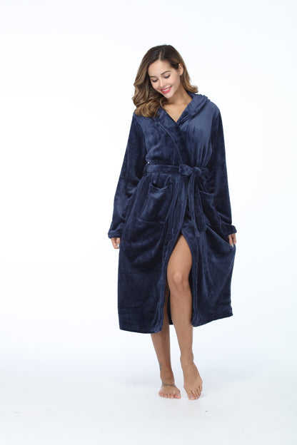 RONGTAI Womens Long Robes Plush Fleece Nightgown Thick Hooded Bathrobe With Pockets Fluffy Sleepwear For Men