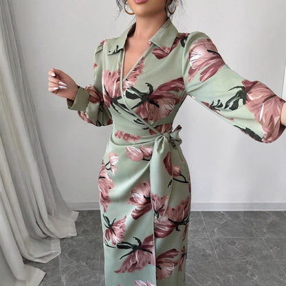 Long Sleeve Printed Tie Dress