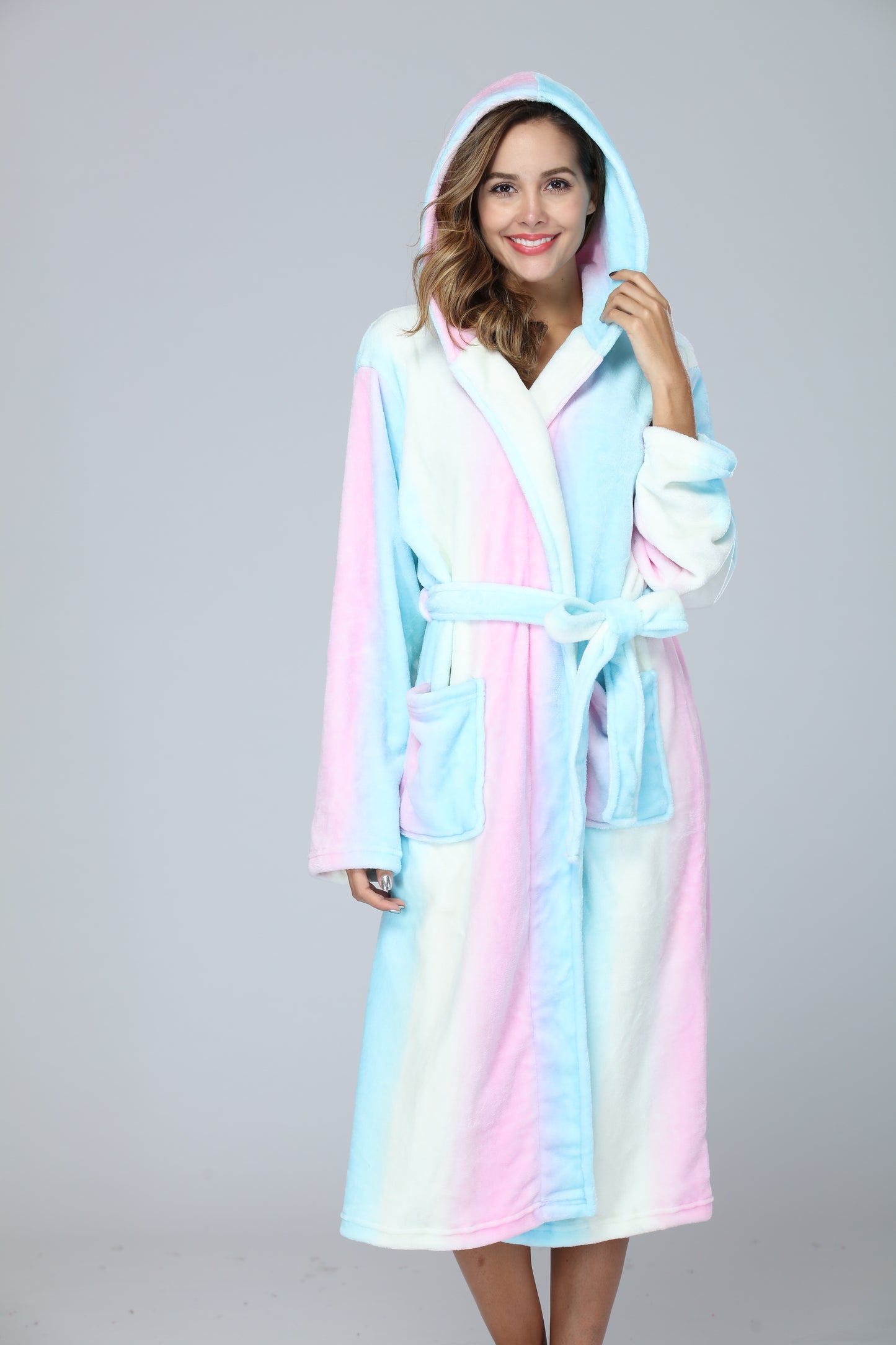 RONGTAI Womens Long Robes Plush Fleece Nightgown Thick Hooded Bathrobe With Pockets Fluffy Sleepwear For Men