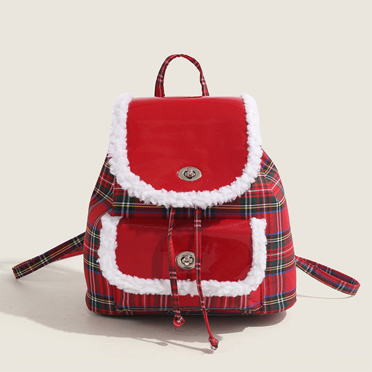 Trendy Lightweight Red Plaid Lamb Wool Commuting Handbag
