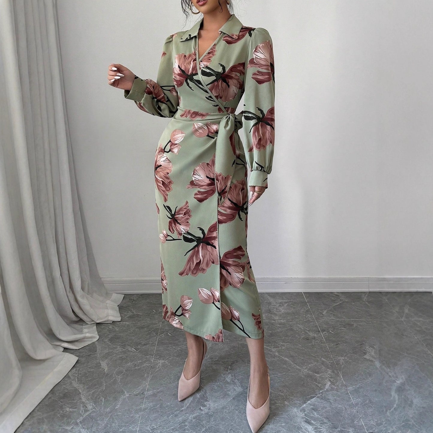 Long Sleeve Printed Tie Dress