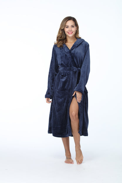 RONGTAI Womens Long Robes Plush Fleece Nightgown Thick Hooded Bathrobe With Pockets Fluffy Sleepwear For Men