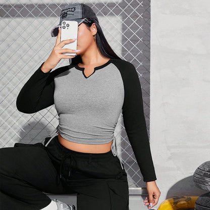 Women's Retro Design V-neck Long Sleeve Color Block Top