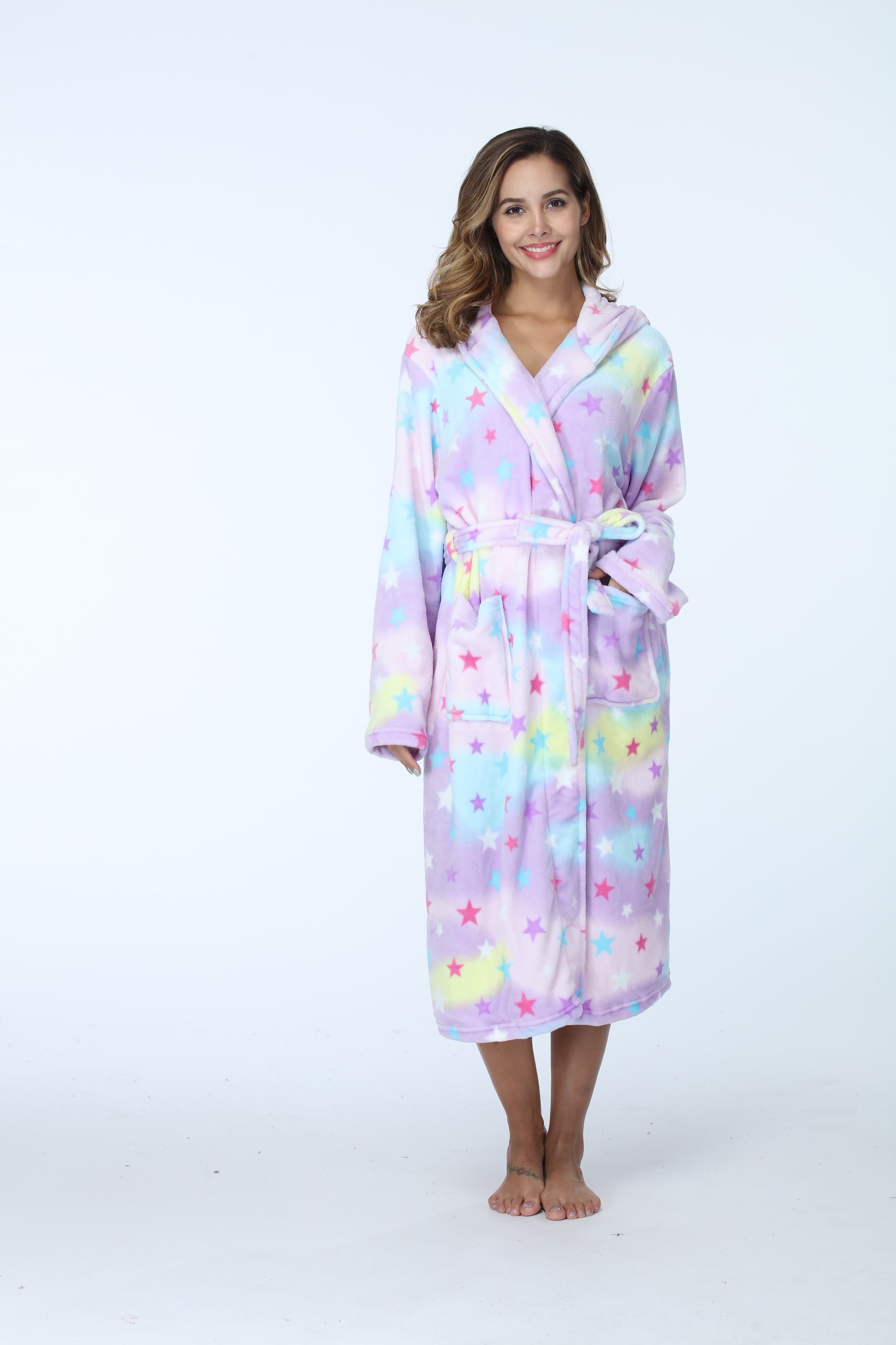 RONGTAI Womens Long Robes Plush Fleece Nightgown Thick Hooded Bathrobe With Pockets Fluffy Sleepwear For Men