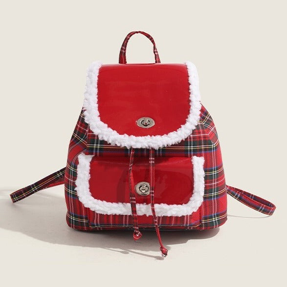 Trendy Lightweight Red Plaid Lamb Wool Commuting Handbag