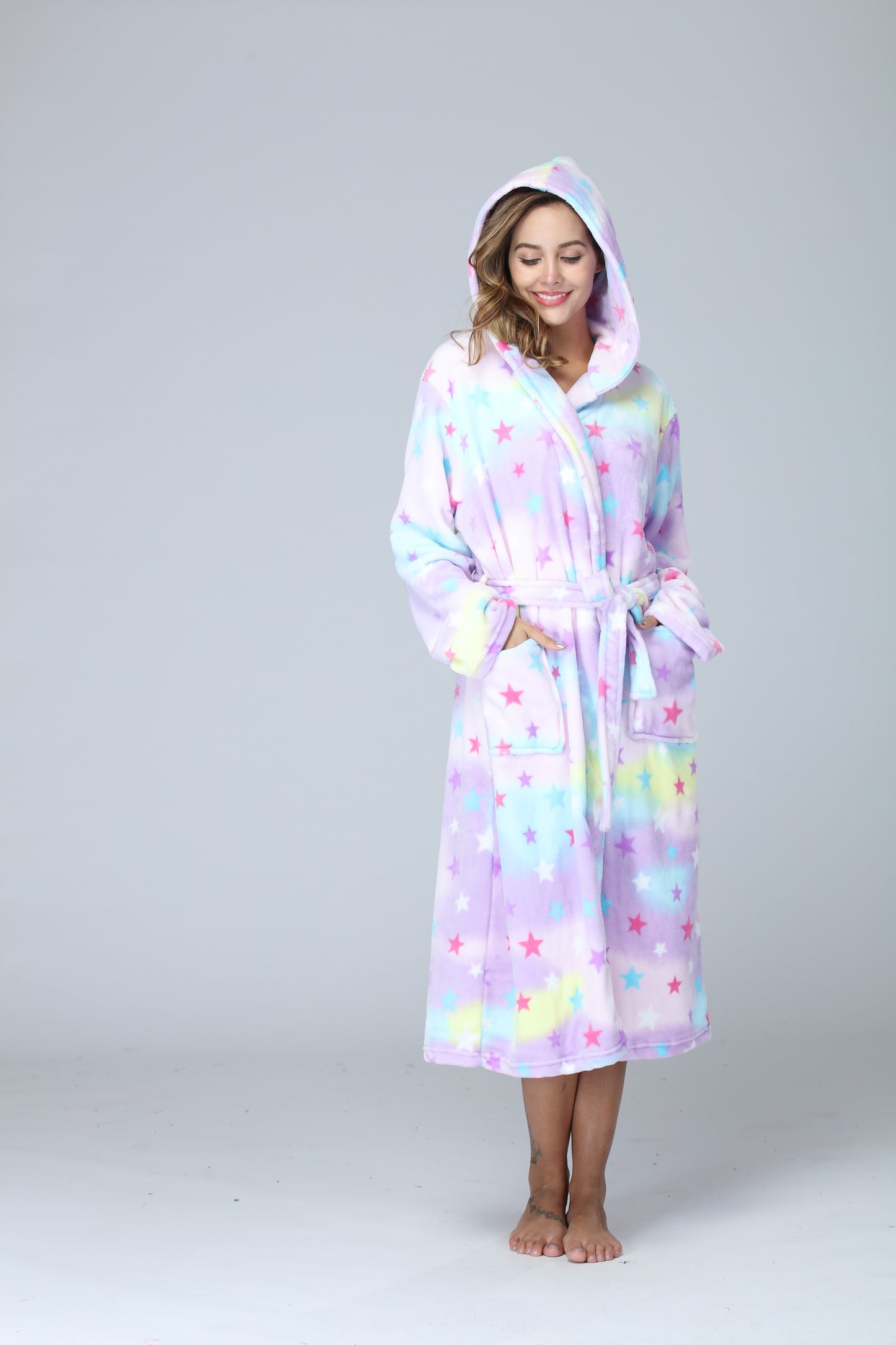 RONGTAI Womens Long Robes Plush Fleece Nightgown Thick Hooded Bathrobe With Pockets Fluffy Sleepwear For Men